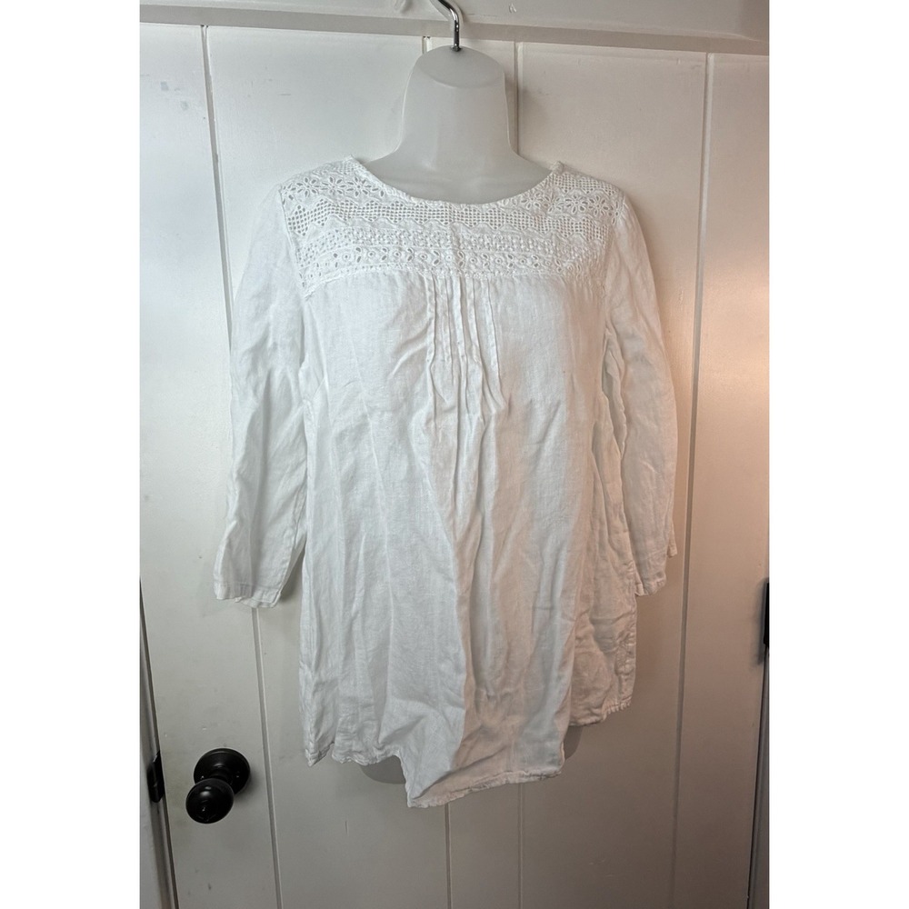 Lina Tomei White Pure Linen Blouse Large Italy Short Sleeve Cottagecore Beach